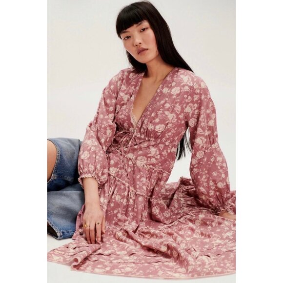Free People Pappiet Midi Dress Pink Floral NWT Size XS Cottagecore Bohemian Boho - Picture 3 of 11